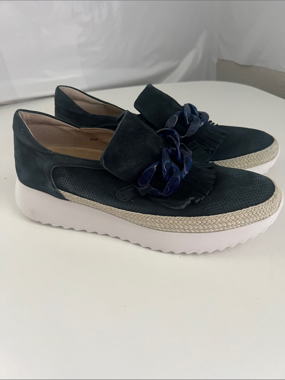 Vaneli Navy Suede Slip-On Loafers with Decorative Chain